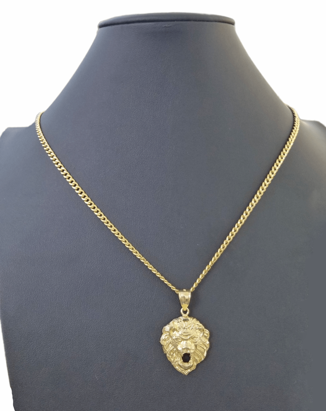 10kYellow Gold Lion Head Pendent 3mm 20" 22" 24" 26" 28" Inch Miami Cuban Chain - Reva Jeweler