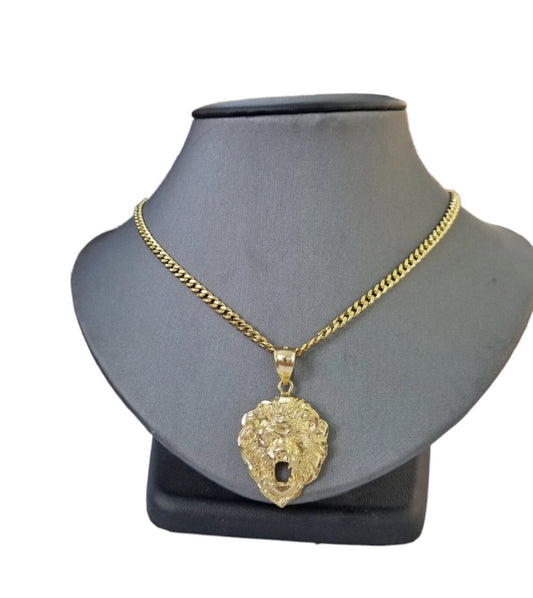 10kYellow Gold Lion Head Pendent 3mm 20" 22" 24" 26" 28" Inch Miami Cuban Chain - Reva Jeweler