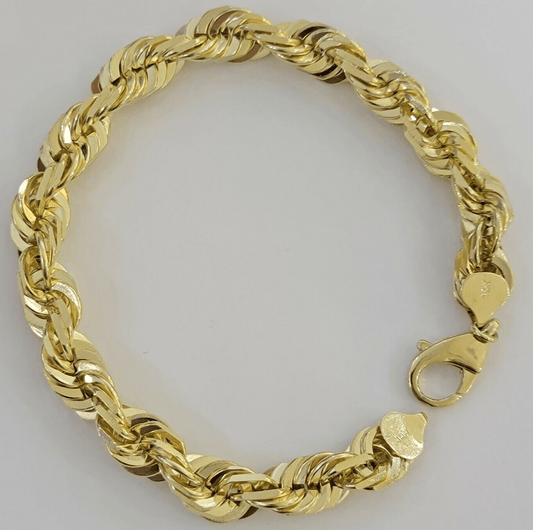 10mm 10k Yellow Gold Rope Men Bracelet 8" Diamond Cut Real Solid Link 10KT Gold - Reva Jeweler