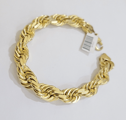 10mm Rope Bracelet 8 Inch Mens Solid 10k Yellow Gold With Diamond cuts REAL 10KT - Reva Jeweler