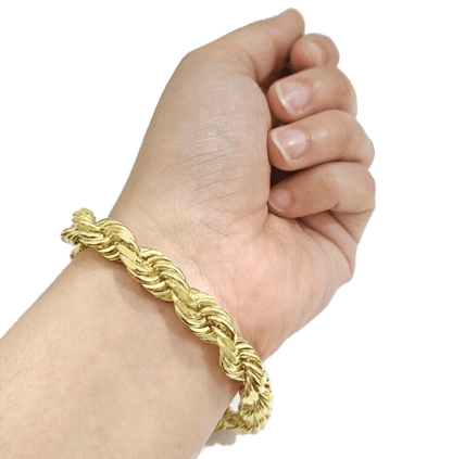 10mm Rope Bracelet 9 Inch Solid 10k Yellow Gold With Diamond cuts Mens REAL 10KT - Reva Jeweler