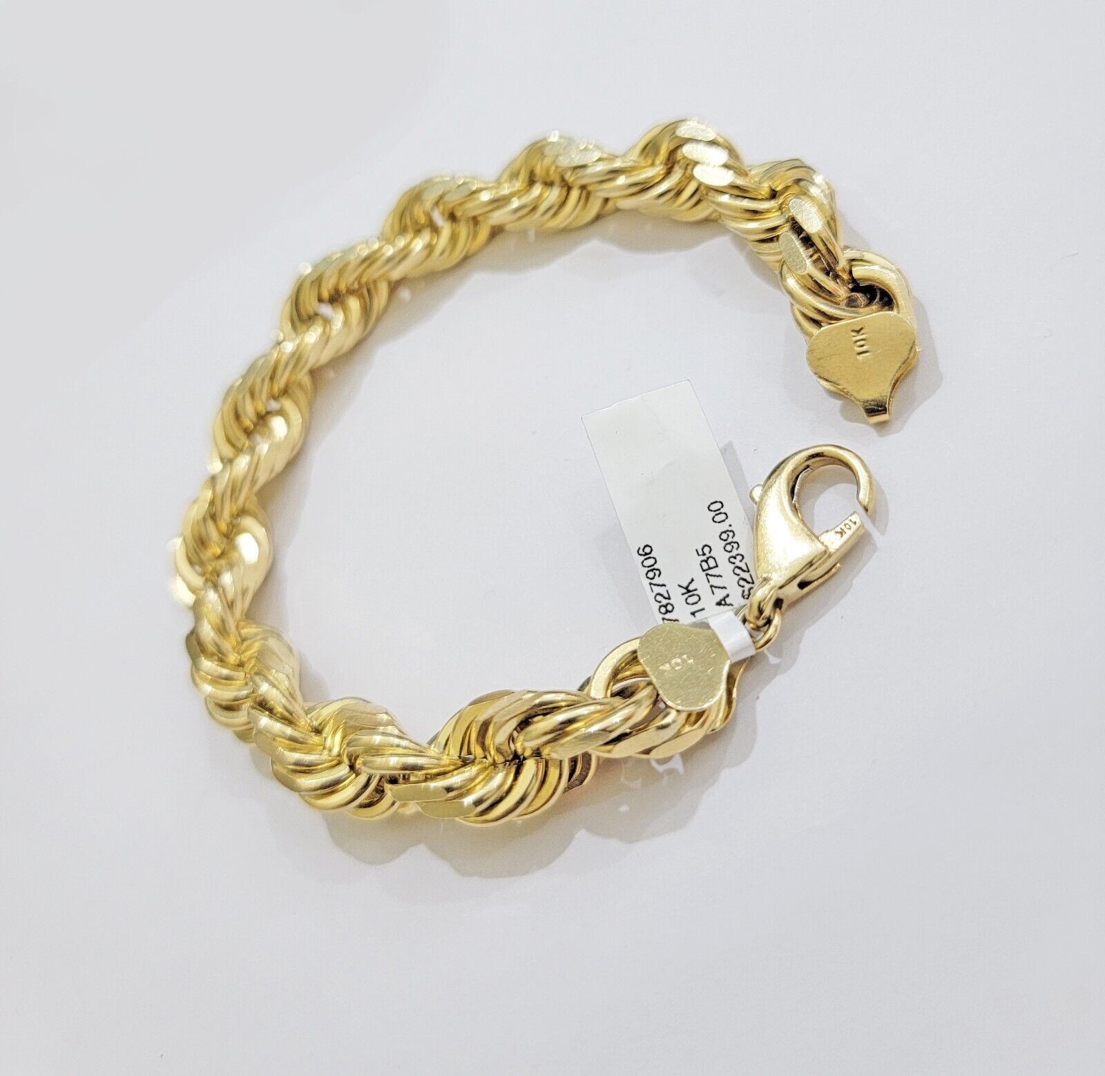 10mm Rope Bracelet 9 Inch Solid 10k Yellow Gold With Diamond cuts Mens REAL 10KT - Reva Jeweler