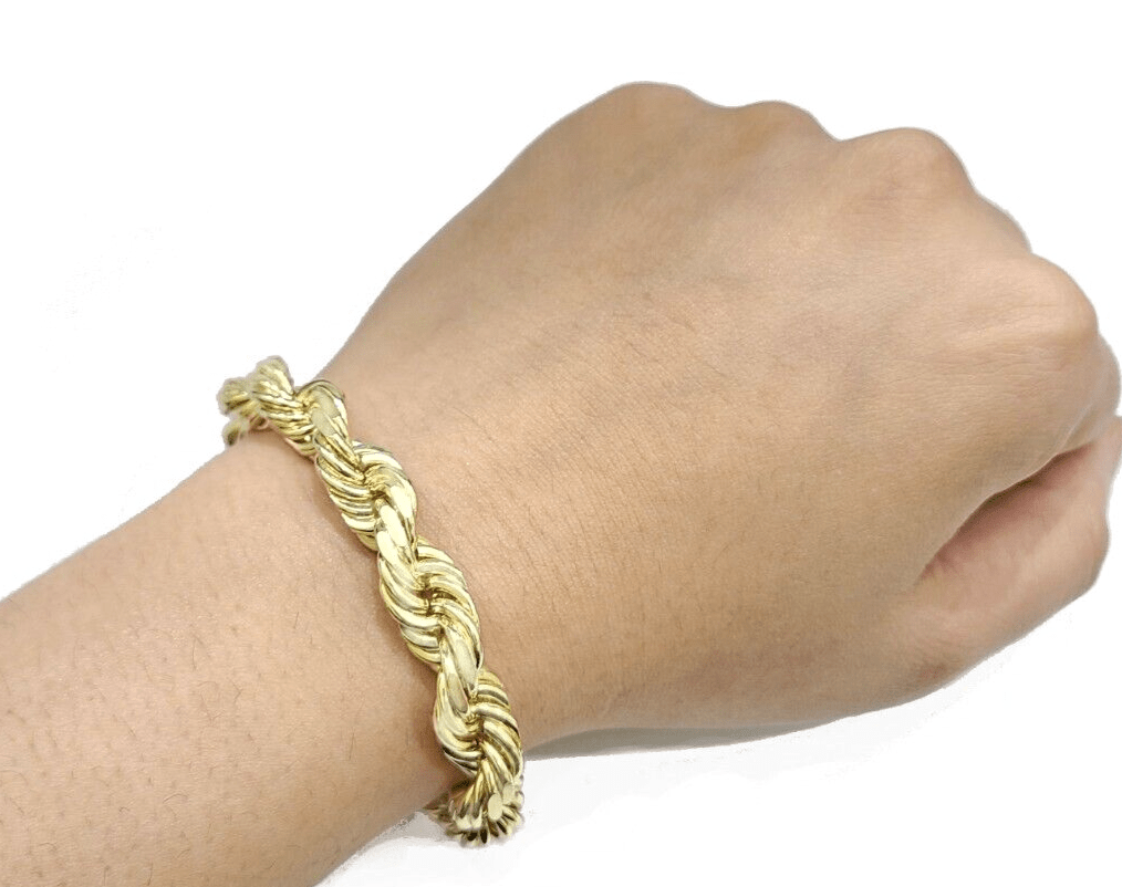 10mm Rope Bracelet 9 Inch Solid 10k Yellow Gold With Diamond cuts Mens REAL 10KT - Reva Jeweler