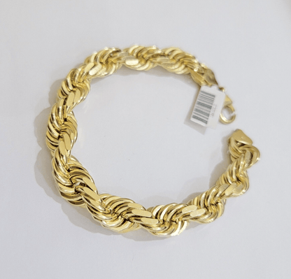 10mm Rope Bracelet 9 Inch Solid 10k Yellow Gold With Diamond cuts Mens REAL 10KT - Reva Jeweler