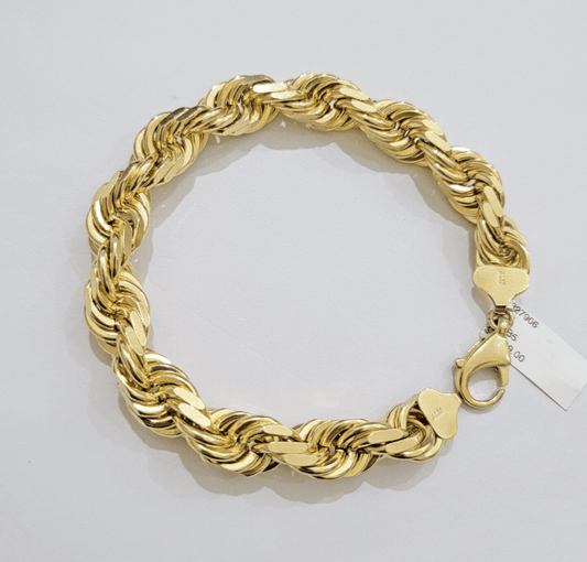 10mm Rope Bracelet 9 Inch Solid 10k Yellow Gold With Diamond cuts Mens REAL 10KT - Reva Jeweler