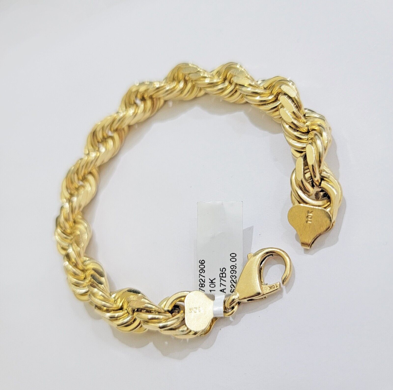 10mm Rope Bracelet 9 Inch Solid 10k Yellow Gold With Diamond cuts Mens REAL 10KT - Reva Jeweler