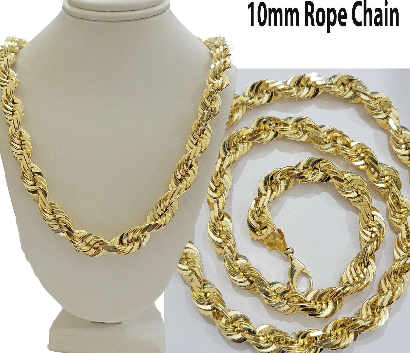 10mm Rope Chain Necklace 10k Yellow Gold 22" Choker Diamond Cut Men's REAL 10kt - Reva Jeweler
