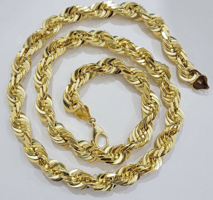 10mm Rope Chain Necklace 10k Yellow Gold 24 Inch Diamond Cut Men's REAL 10kt - Reva Jeweler