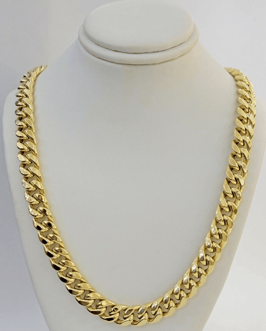 11mm 10k Yellow Gold Chain Necklace Miami Cuban Link 22" Inch Box lock REAL 10K - Reva Jeweler