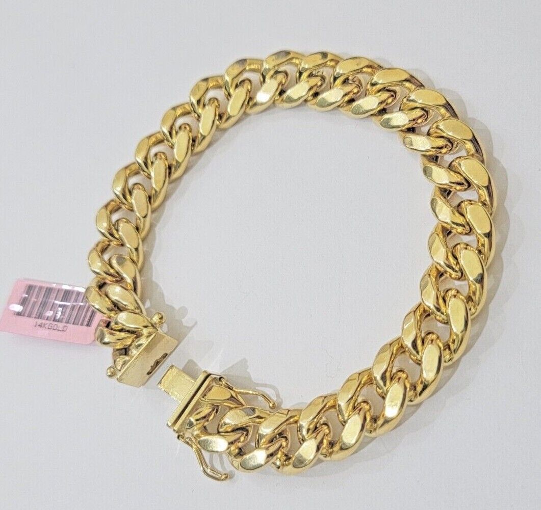 11mm 14k Gold Bracelet Miami Cuban Link 7" - 10 Inch Mens Real 14kt Yellow Gold - Reva Jeweler