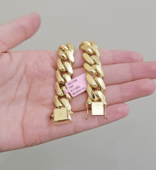 13mm 14k Gold Bracelet Mens 9 Inch Solid 14kt Yellow Gold Miami Cuban Link REAL - Reva Jeweler