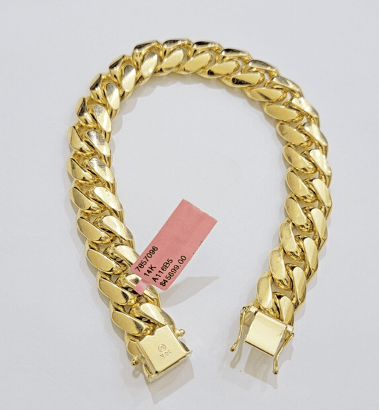 13mm 14k Gold Bracelet Mens 9 Inch Solid 14kt Yellow Gold Miami Cuban Link REAL - Reva Jeweler
