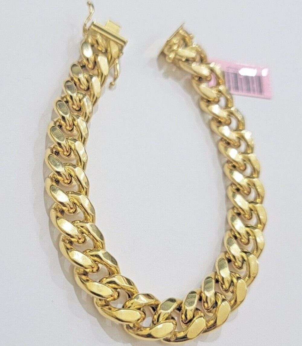 13mm 14k Gold Bracelet Miami Cuban Link 7.5" - 10 Inch Mens Real 14kt Yellow Gold - Reva Jeweler