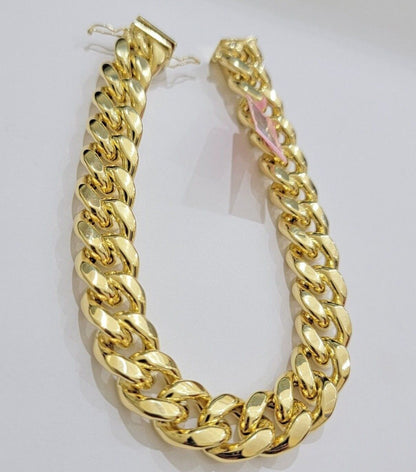 13mm 14k Gold Bracelet Miami Cuban Link 7.5" - 10 Inch Mens Real 14kt Yellow Gold - Reva Jeweler