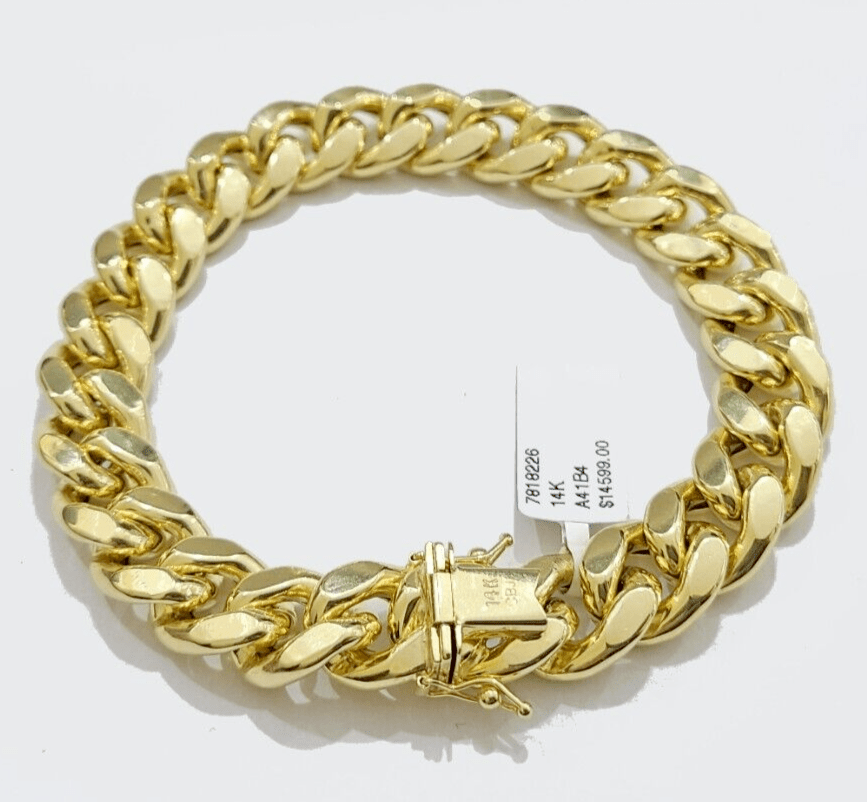 13mm 14k Gold Bracelet Miami Cuban Link 7.5" - 10 Inch Mens Real 14kt Yellow Gold - Reva Jeweler