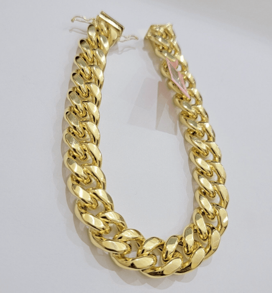13mm 14k Yellow Gold Bracelet 9 Inch Miami Cuban Link Box Clasp Men's REAL 14kt - Reva Jeweler