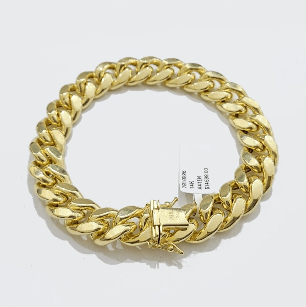 13mm 14k Yellow Gold Bracelet Miami Cuban Link 7 Inch Small Wrist Mens REAL 14kt - Reva Jeweler