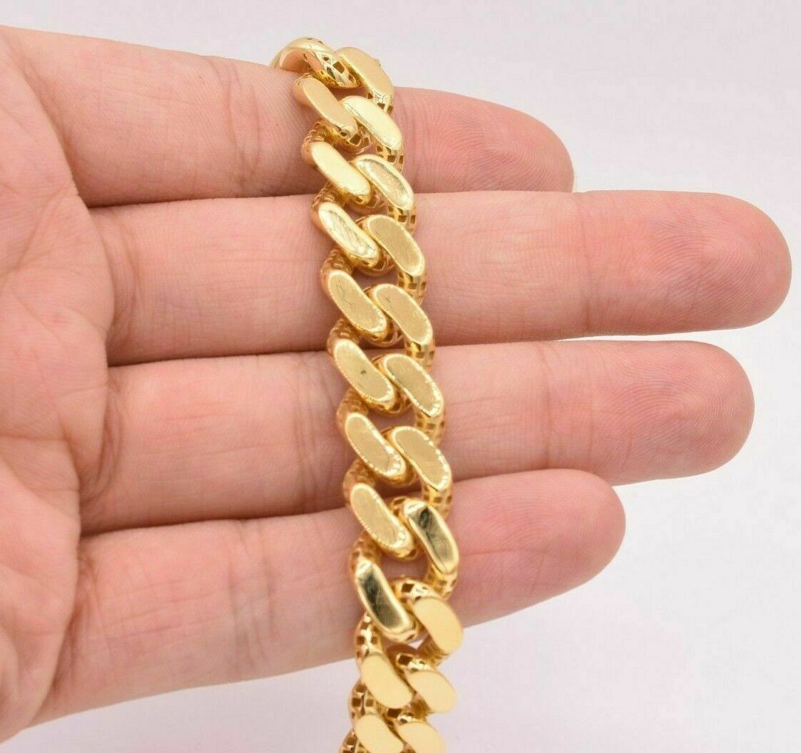 13mm Cuban Royal Link Diamond Cut Bracelet Real 10K Yellow White Gold Real 10 KT - Reva Jeweler