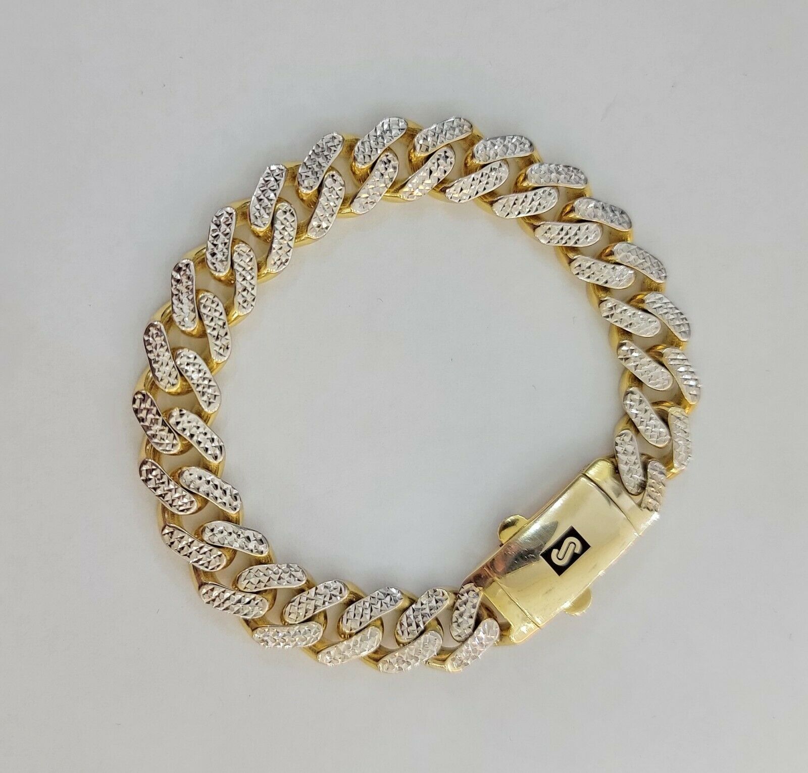 13mm Cuban Royal Link Diamond Cut Bracelet Real 10K Yellow White Gold Real 10 KT - Reva Jeweler