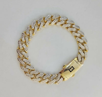13mm Cuban Royal Link Diamond Cut Bracelet Real 10K Yellow White Gold Real 10 KT - Reva Jeweler
