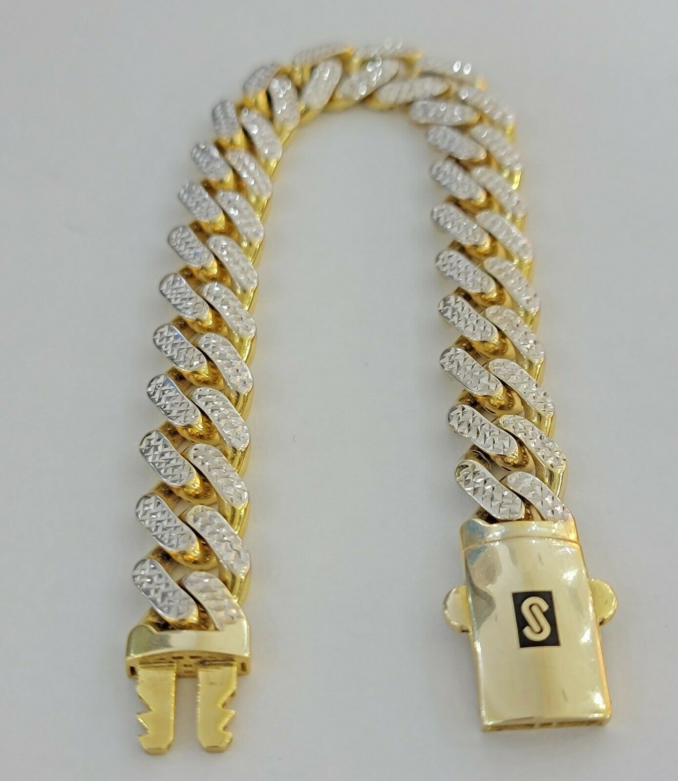 13mm Cuban Royal Link Diamond Cut Bracelet Real 10K Yellow White Gold Real 10 KT - Reva Jeweler