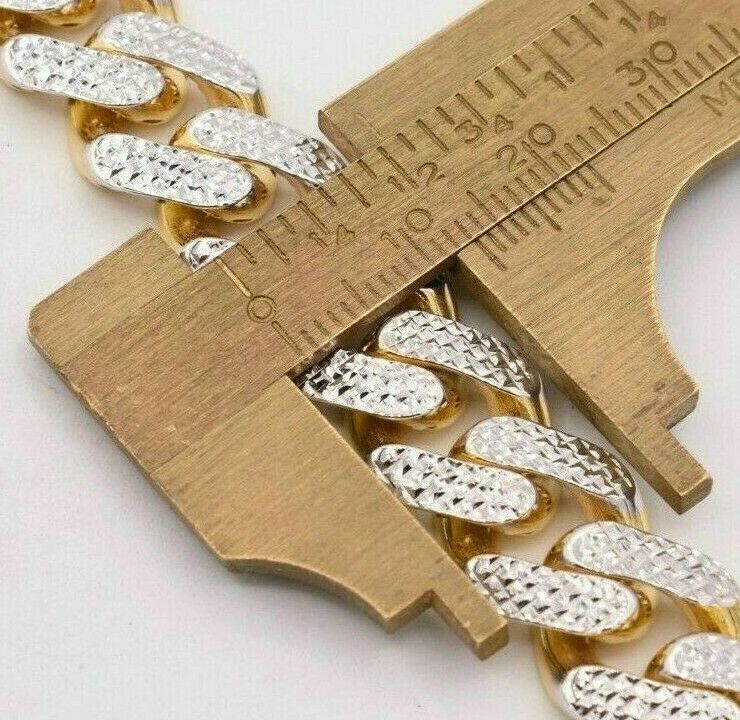13mm Cuban Royal Link Diamond Cut Bracelet Real 10K Yellow White Gold Real 10 KT - Reva Jeweler