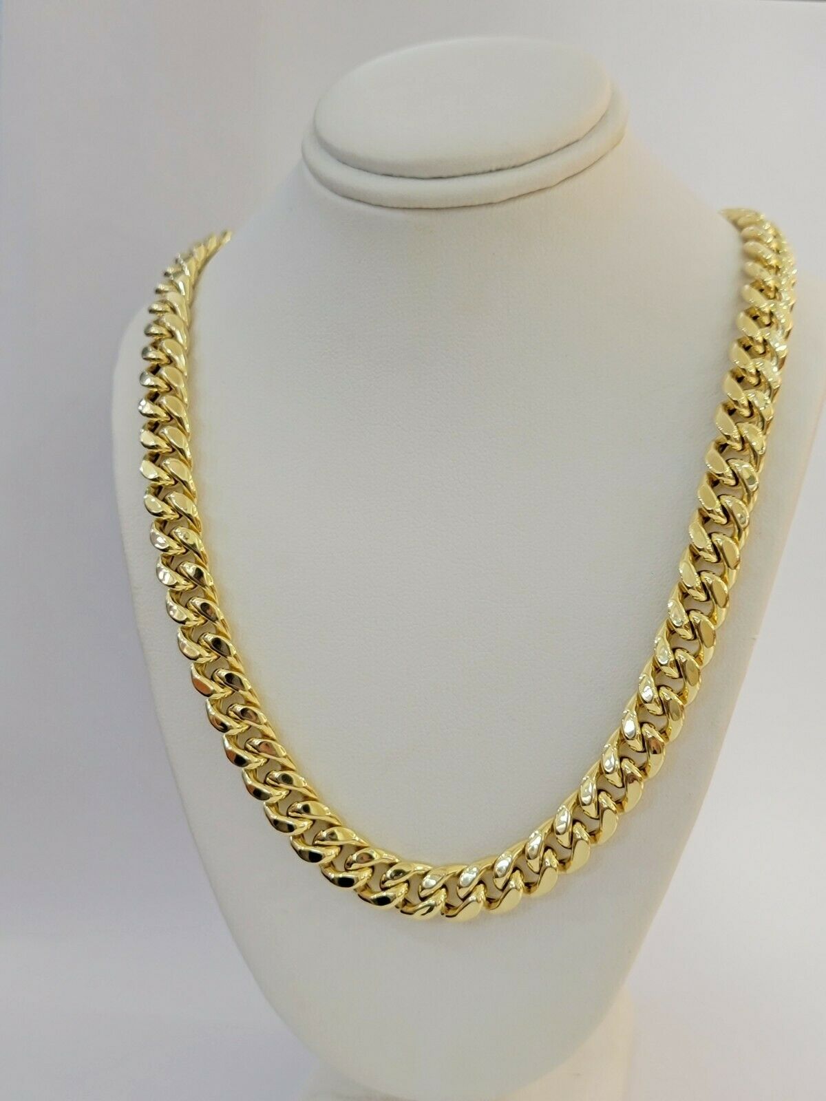 14k 10mm Mens Chain Miami Cuban Link Necklace 22" REAL 14KT Yellow Gold Box lock - Reva Jeweler
