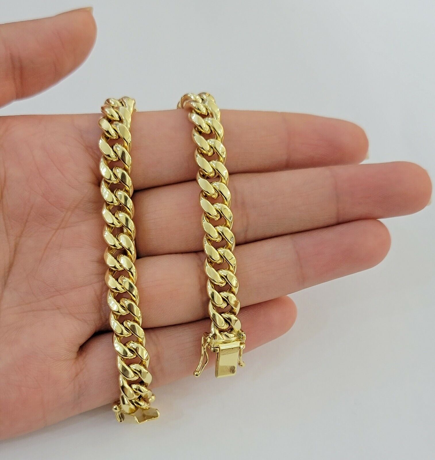 14k Bracelet Miami Cuban Link 7mm 8" Inch Mens Real 14kt Yellow Gold Box Clasp - Reva Jeweler