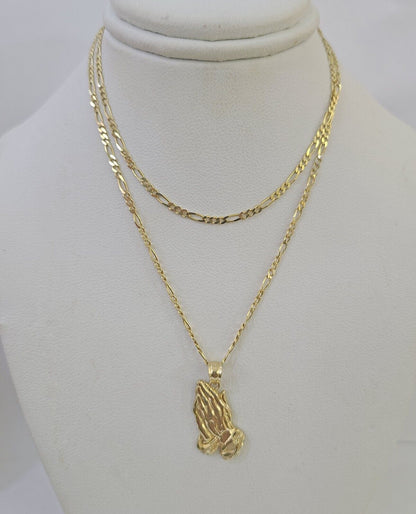 14k Figaro Chain Praying Hands Charm Pendant Gold 1.5mm 18"-24inch SET Necklace