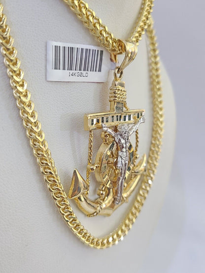 14K Franco Chain Jesus Anchor Pendant Charm Necklace 20" - 26" 4mm Gold - GoldenlinQ