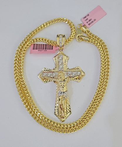 14K Franco Chain Jesus Cross Pendant Charm Necklace 20" - 26" 4mm Gold Yellow - GoldenlinQ