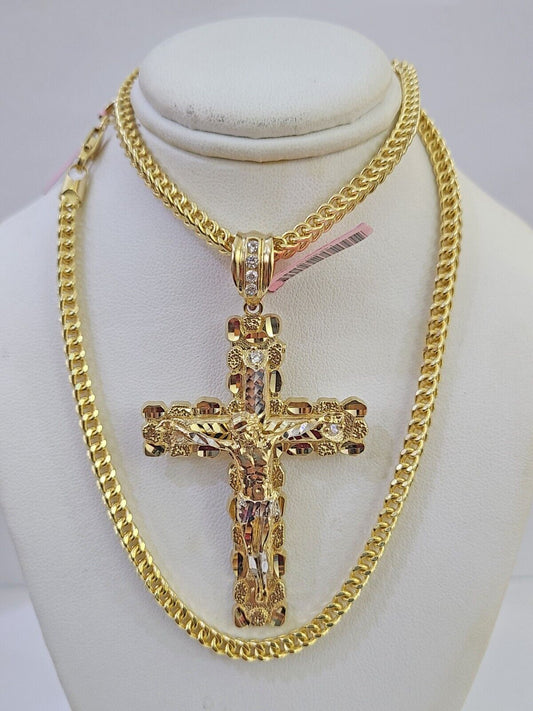 14K Franco Chain Jesus Nugget Cross Pendant Charm Necklace 20" - 26" 4mm Gold - GoldenlinQ
