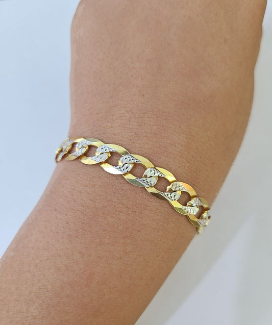 14K Gold Bracelet Cuban Curb Link Bracelet Diamond Cut 9mm 8" Inch REAL Gold - Reva Jeweler