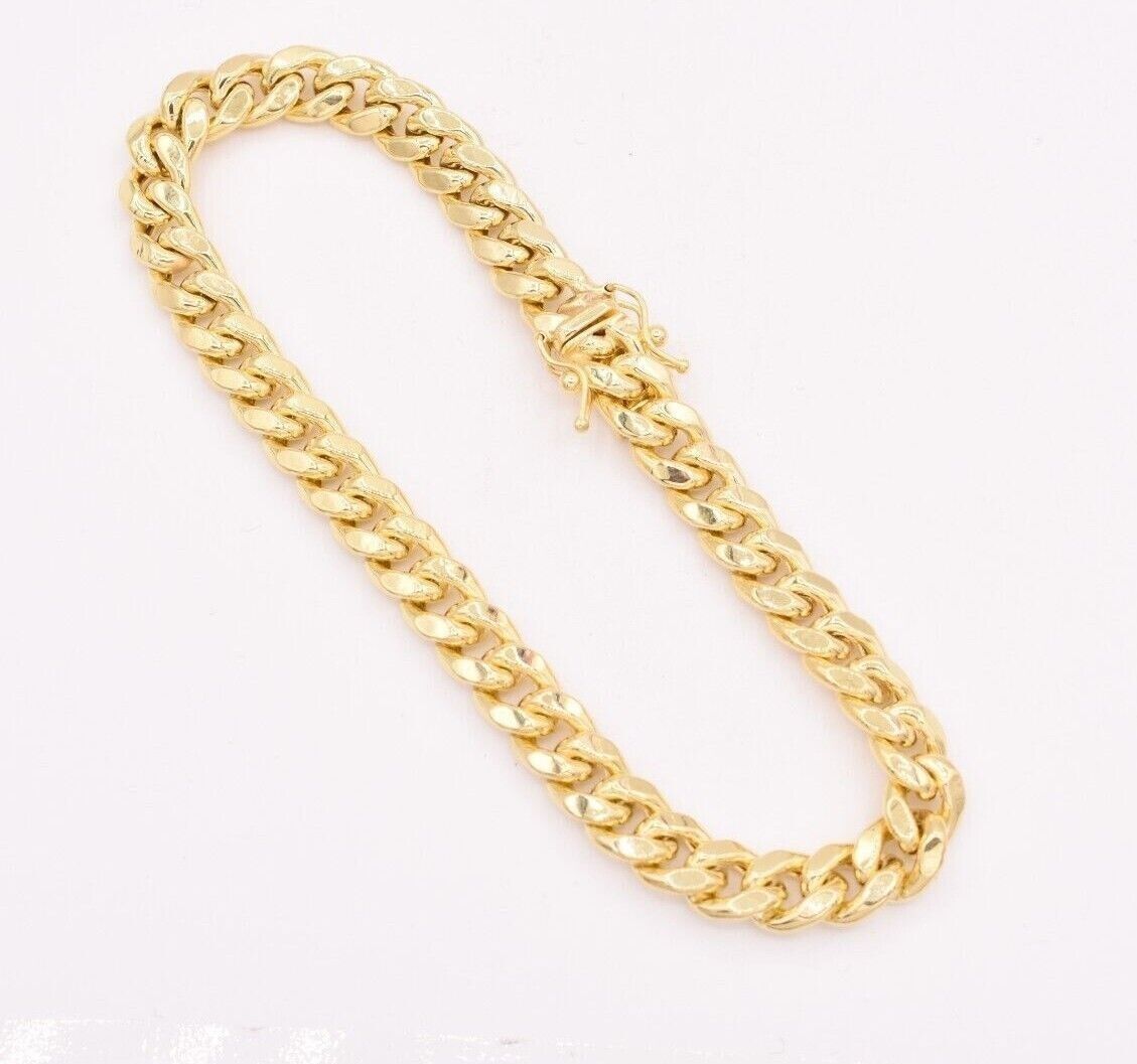 14k Gold Bracelet Miami Cuban Link 7mm 9" Inch Real 14 KT Yellow Gold Men Women - Reva Jeweler