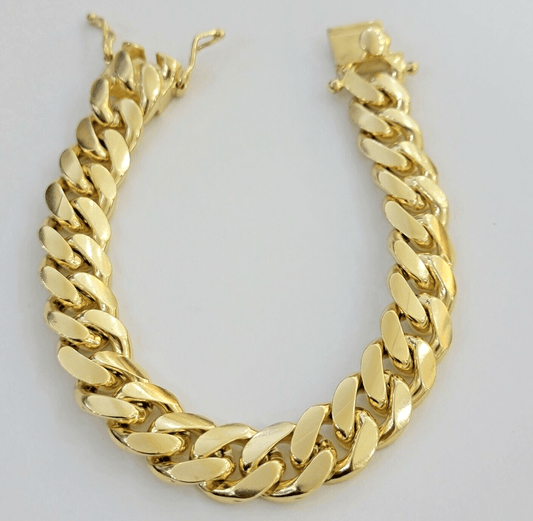 14k Gold bracelet Miami Cuban Link 9 Inch Solid 13mm Mens REAL 14 KT SOLID HEAVY - Reva Jeweler