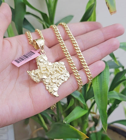 14k Gold Chain & Charm Nugget Texas map pendant Cuban Link Necklace 24 Inch 5mm - Reva Jeweler