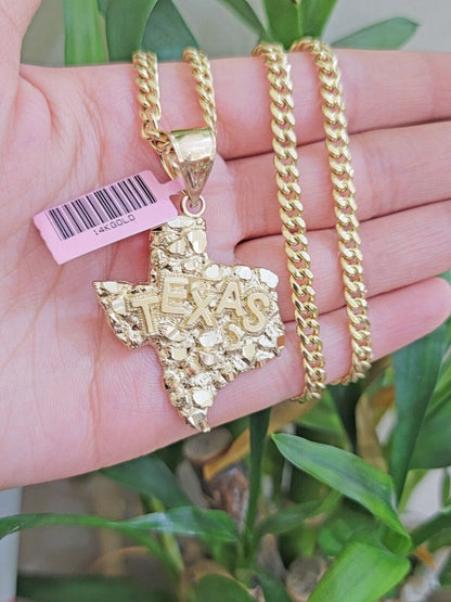 14k Gold Chain & Charm Nugget Texas map pendant Cuban Link Necklace 26 Inch 5mm - Reva Jeweler