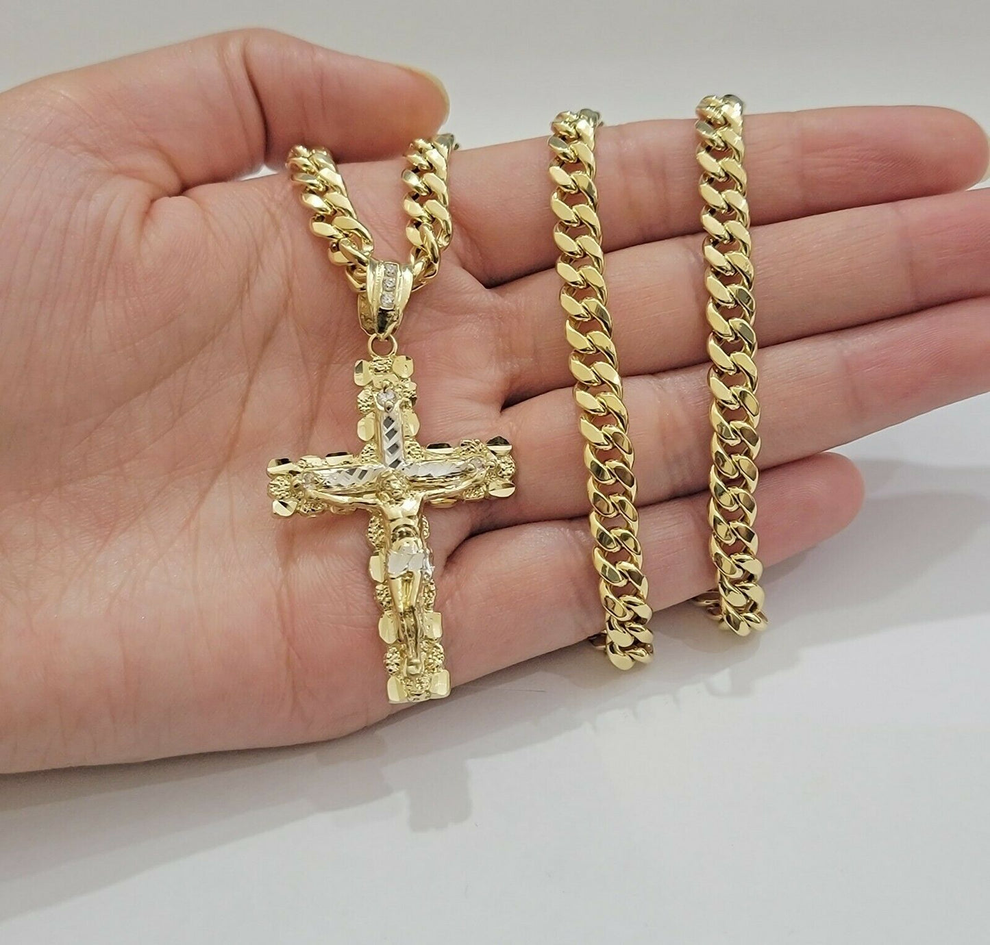 14k Gold Chain Cross SET Miami Cuban Link Necklace 7.5mm 22" - 28" ,Charm Pendant - Reva Jeweler