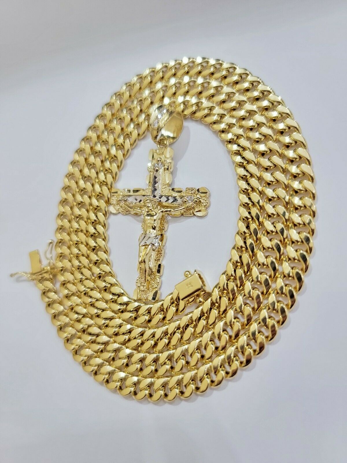14k Gold Chain Cross SET Miami Cuban Link Necklace 7.5mm 22" - 28" ,Charm Pendant - Reva Jeweler
