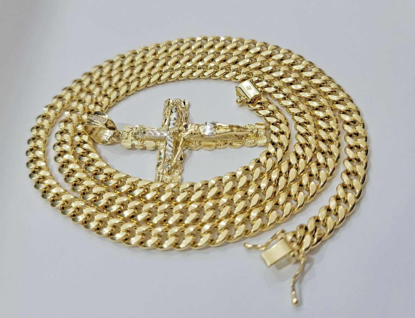 14k Gold Chain Cross SET Miami Cuban Link Necklace 7.5mm 22" - 28" ,Charm Pendant - Reva Jeweler