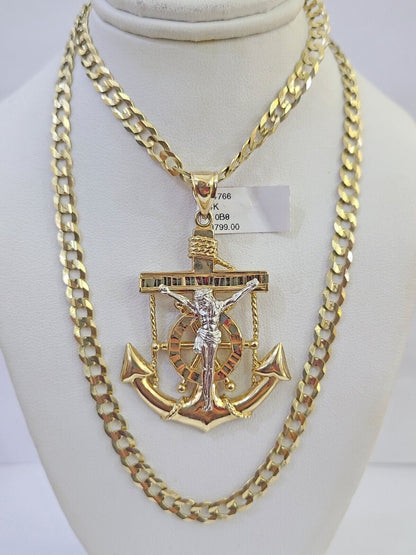 14k Gold Chain Jesus Anchor Charm Solid Cuban Curb 5mm 20" - 26" Inch SET Necklace - GoldenlinQ
