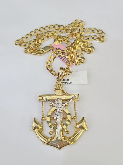14k Gold Chain Jesus Anchor Charm Solid Cuban Curb 5mm 20"-28" SET Necklace