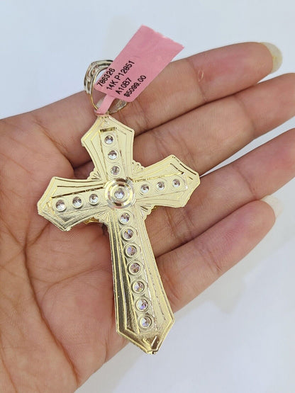 14k Gold Chain Jesus Cross Charm Solid Cuban Curb 5mm 20" - 26" Inch SET Necklace - GoldenlinQ