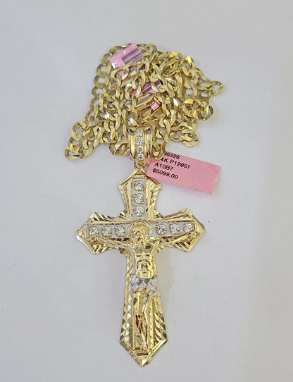 14k Gold Chain Jesus Cross Charm Solid Cuban Curb 5mm 20" - 26" Inch SET Necklace - GoldenlinQ