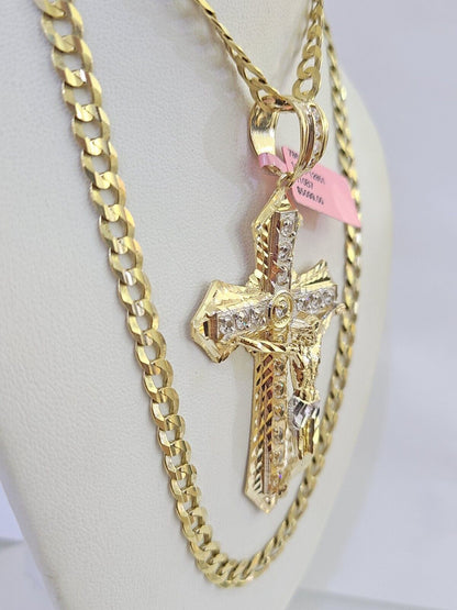 14k Gold Chain Jesus Cross Charm Solid Cuban Curb 5mm 20" - 26" Inch SET Necklace - GoldenlinQ