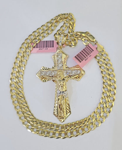 14k Gold Chain Jesus Cross Charm Solid Cuban Curb 5mm 20" - 26" Inch SET Necklace - GoldenlinQ