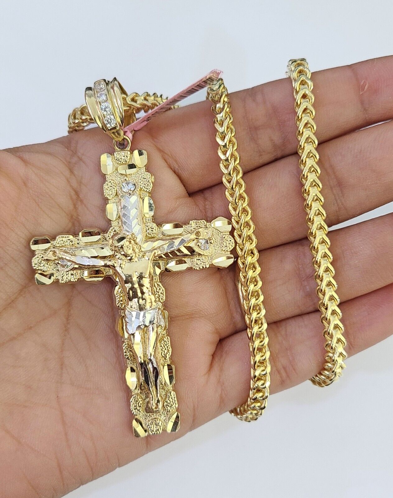 14k Gold Chain Jesus Cross Charm Solid Cuban Curb 5mm 20" - 26" Inch SET Necklace - GoldenlinQ