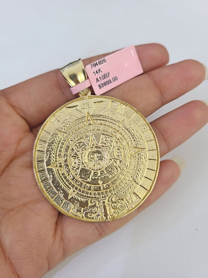 14k Gold Chain Mayan Calendar Charm Solid Cuban Curb 5mm 20"-28" SET Necklace