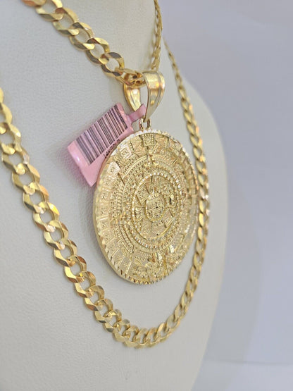 14k Gold Chain Mayan Calendar Charm Solid Cuban Curb 5mm 20"-28" SET Necklace