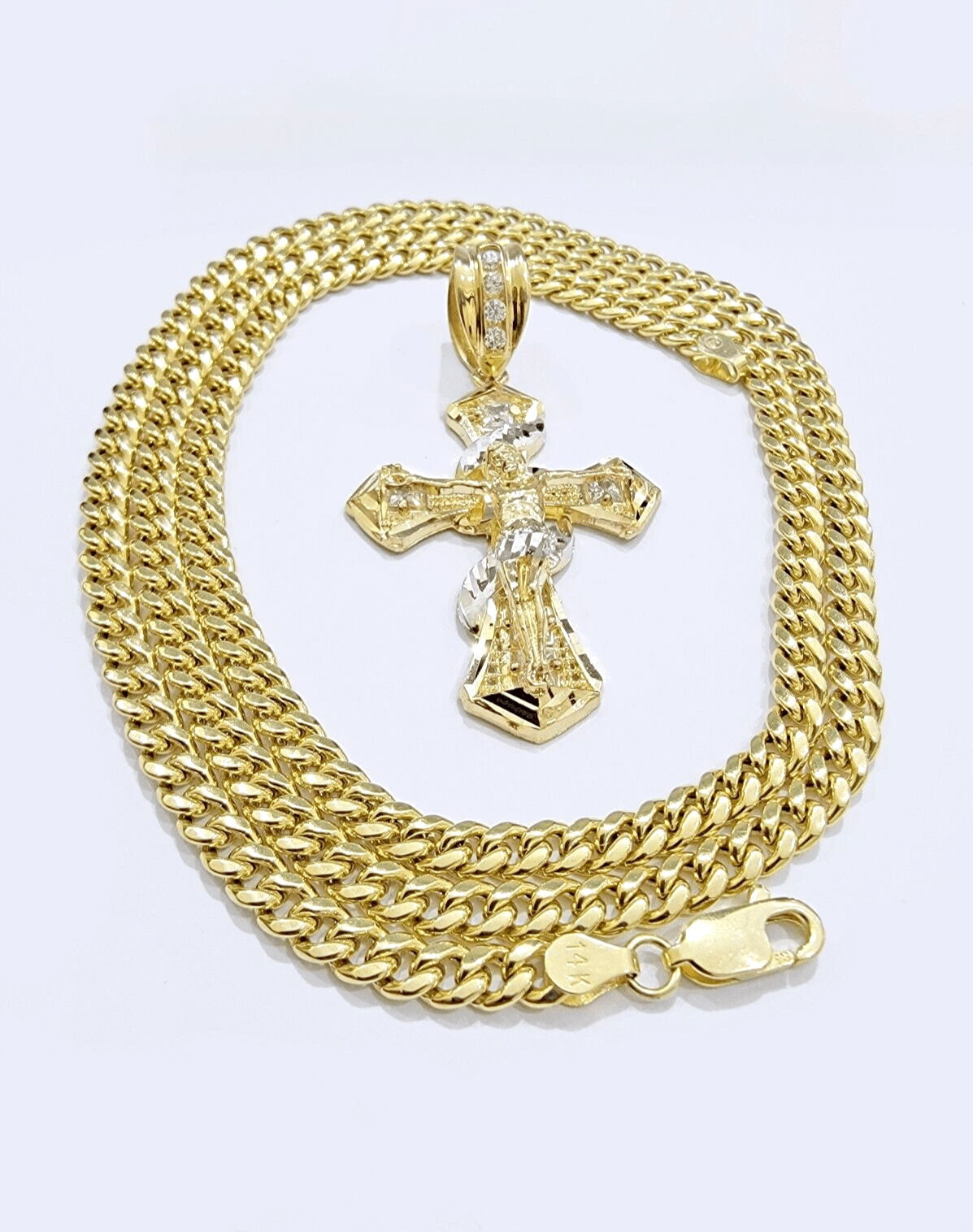 14k Gold Cross Charm Miami Cuban Link Chain 5mm 26'' Necklace 14kt Pendant SALE - Reva Jeweler